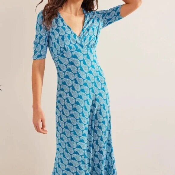 BODEN REBECCA dress midi jersey tea paisley stretch knit v neck blue teal 12R - Picture 1 of 10